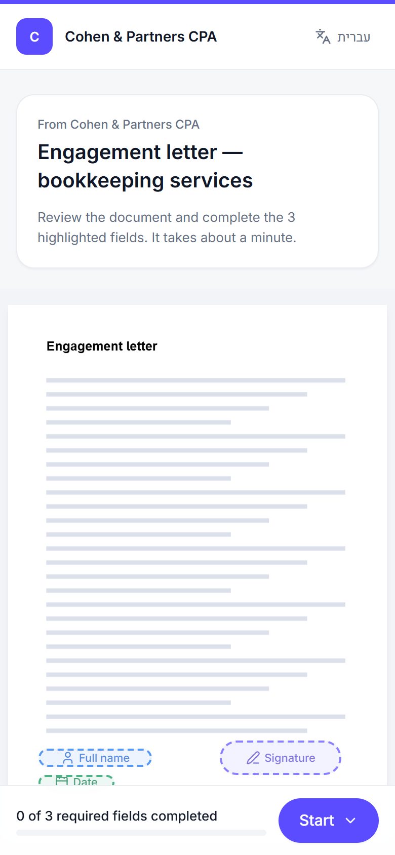 A client signing a document on a phone: signature, name and date fields with a progress bar.
